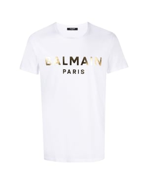Balmain Paris - Weißes T-shirt Mit Goldfolienlogo
