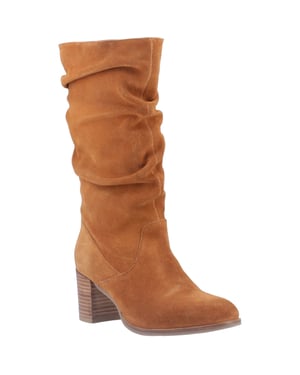 Hush Puppies Cosima Damenstiefel in kniehohen beigefarbenen Wildleder mit Absatz