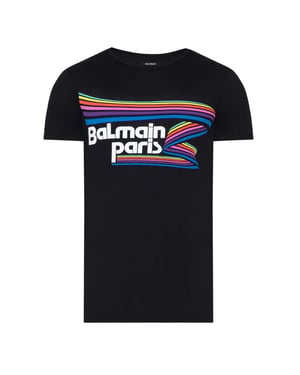 Balmain Paris - Schwarzes T-shirt Mit Regenbogen- Und Multilogo