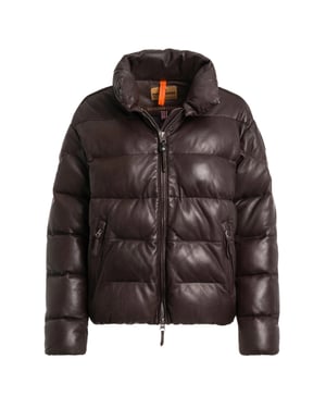 Parajumpers Pia Leather Obsidian Dunkelbraune Wattierte Lederjacke