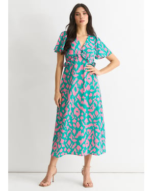 Grünes Midikleid mit Tiermotiv und gerafftem V