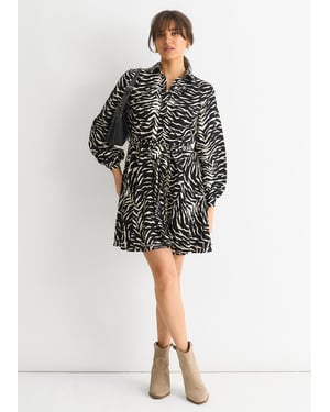 Gini London Mono Zebra Hemdkleid mit Gürtel - Schwarz