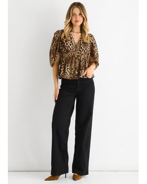 Braune Bluse mit Tiermotiv und Schößchen am V-Ausschnitt