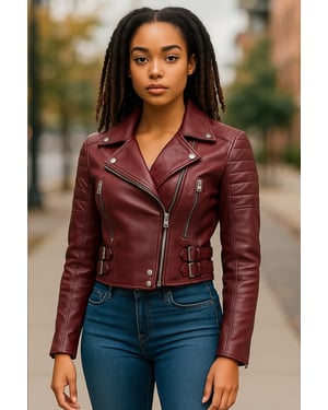 Burgunderrote kurze Brando-Bikerjacke aus Leder für Damen – Durban
