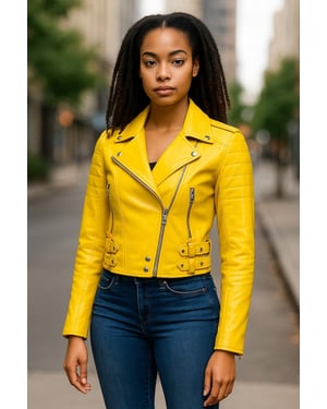 Gelbe kurze Brando-Bikerjacke aus Leder für Damen – Durban