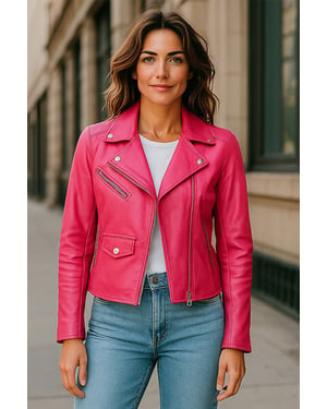 Klassische Brando Biker-Lederjacke für Damen in Fuchsie-Pink - Soweto