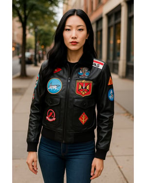 Schwarze A2 Top Gun Leder-Bomberjacke für Damen – Federn