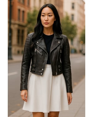 Schwarze kurze Brando-Bikerjacke aus Leder für Damen – Durban