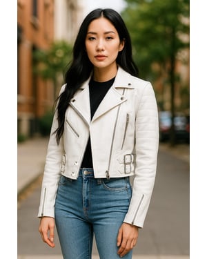 Weiße kurze Brando-Bikerjacke aus Leder für Damen – Durban