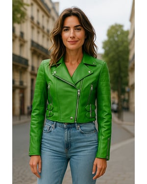 Apfelgrüne, kurze Brando-Bikerjacke aus Leder für Damen – Durban