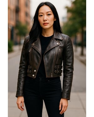 Damen Vintage Schwarze Cropped Brando Leder Bikerjacke-Durban