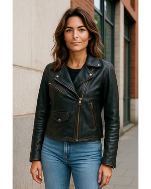 Schwarze klassische Brando-Biker-Lederjacke für Damen im Vintage-Stil – Soweto