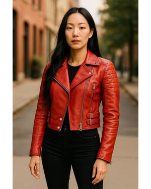 Rote kurze Brando-Bikerjacke aus Leder für Damen – Durban