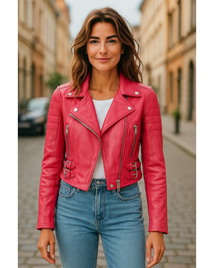 Damen Fuchsia Pink Kurze Brando Leder Bikerjacke-Durban