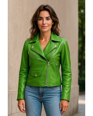 Apfelgrüne klassische Brando-Biker-Lederjacke für Damen – Soweto