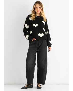 Schwarzer Kontrastherz Übergroßer Strickpullover