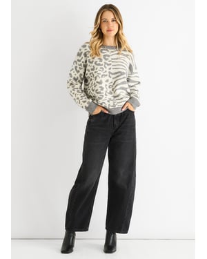 Grau Kontrast Zebra Tier Strickpullover