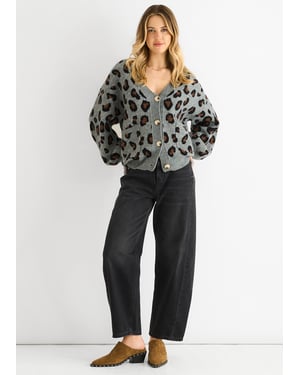 Graue kurze Strickjacke mit Tiermuster