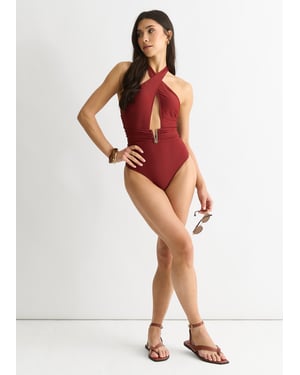 Chocolate Twist Halter V Bar Taille Badeanzug