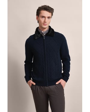Bugatti Herren Strickjacke mit unechtem Fellkragen