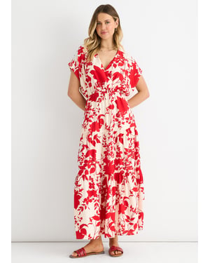 Gini London Maxikleid mit Blumenmuster und elastischem Bund - Rot