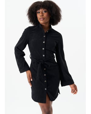 Gini London Cord-Hemdkleid mit durchgehender Knopfleiste und Gürtel - Schwarz