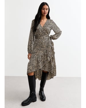 Gini London Mini-Wickelkleid mit Rüschen und Animalmotiv - Beige