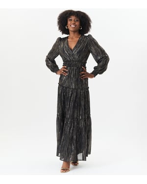 Schwarz Lurex Chiffon Anlass gestaffelt Maxi Dres
