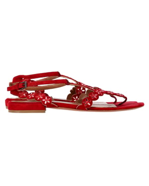 Alaïa Flower Lasercut Riemensandalen mit Flachsohle aus rotem Wildleder