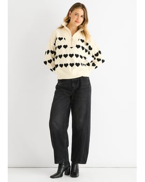 Creme Herz Zip-Up Locker Gestrickter Pullover