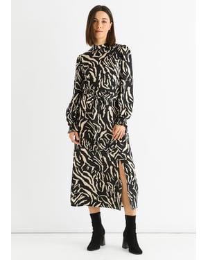 Gini London Animal-Satin-Midikleid mit hohem Rundhals - Schwarz