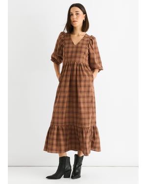 Gini London Baumwoll-Midikleid mit Puffärmeln und V‑Ausschnitt - Braun