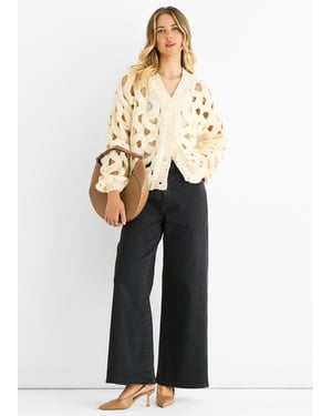 Cremefarbener, hohl gestrickter Chunky-Cardigan