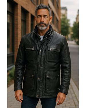 Herren Schwarze Leder Militärjacke Outwear Mantel - Field