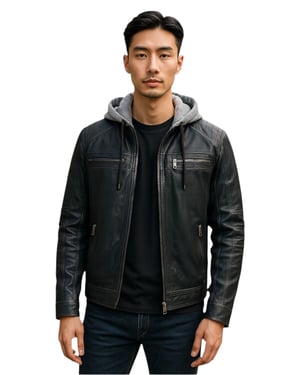 Blaue Bikerjacke aus Lammleder mit Kapuze für Herren – Ingham