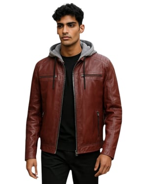Herren Ox Red Kapuzenjacke aus burgunderrotem Biker-Lammleder - Ingham