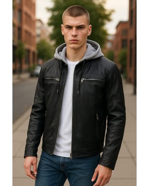 Blaue Bikerjacke aus Lammleder mit Kapuze für Herren – Kingston