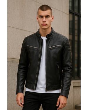 Moderne, klassische, gesteppte Bikerjacke aus schwarzem Leder für Herren – Smithton