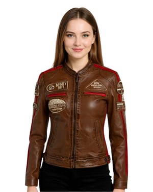 Damen-Bikerjacke aus hellbraunem Leder mit Rennabzeichen – Dalby