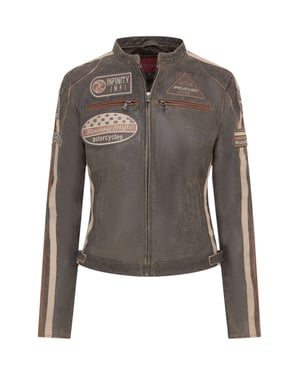 Damen Vintage Hellbraune Leder Biker Racing Badges Jacke-Agadir