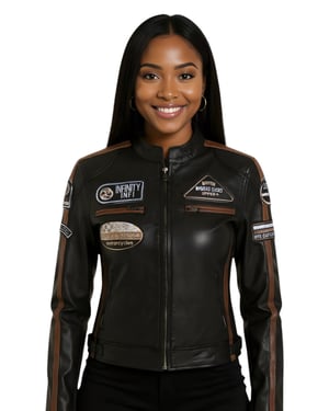 Schwarze Damen-Lederjacke mit Rennabzeichen für Biker – Dalby