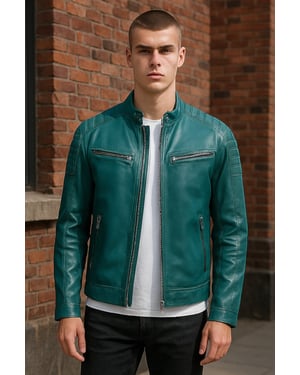 Moderne, klassische, gesteppte Bikerjacke aus grünem Leder für Herren – Smithton