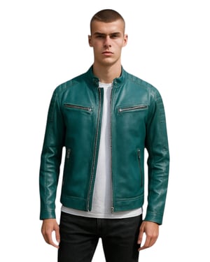 Moderne, klassische, gesteppte Bikerjacke aus Leder für Herren in Grün – Mackay