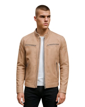Beigefarbene, moderne, klassische gesteppte Bikerjacke aus Leder für Herren – Mackay