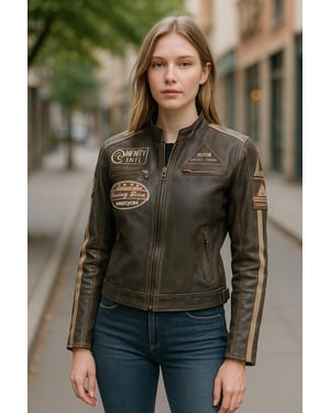 Damen Vintage Tan Biker Racing Badges Lederjacke-Eastleigh