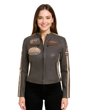 Damen Vintage Hellbraune Lederjacke mit Rennabzeichen, Dalby