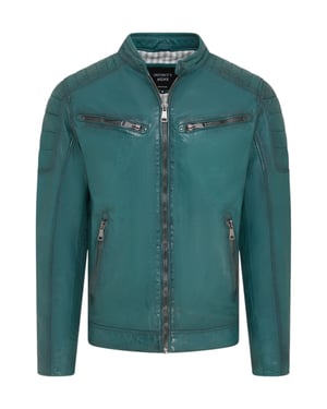 Moderne, klassische gesteppte Bikerjacke aus Leder für Herren in Grün – Derry