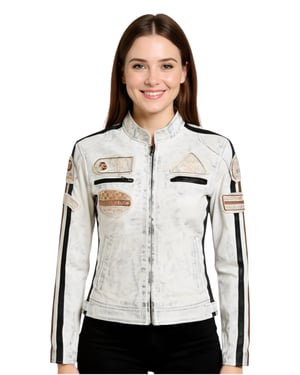 Weiße Damen-Lederjacke mit Rennabzeichen für Biker – Dalby