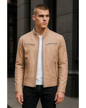 Moderne, klassische gesteppte Bikerjacke aus Leder für Herren in Beige – Smithton
