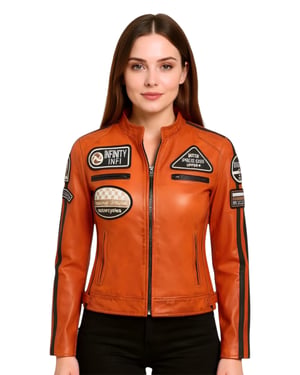 Orangefarbene Bikerjacke aus Leder für Damen mit Rennabzeichen – Dalby